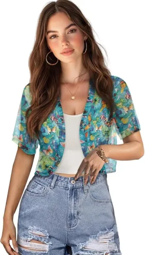Women Open Front Mesh Bolero Shrugs Short Sleeve Cropped Chiffon Cardigan Lightweight Sheer Summer Jacket Tops