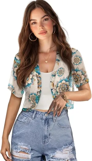 Women Open Front Mesh Bolero Shrugs Short Sleeve Cropped Chiffon Cardigan Lightweight Sheer Summer Jacket Tops