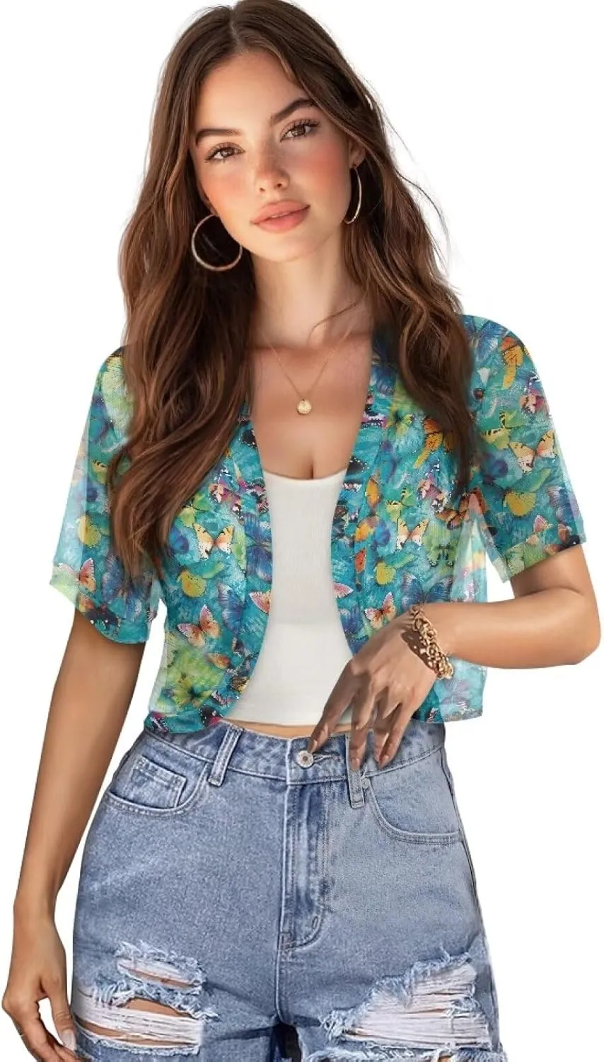 Women Open Front Mesh Bolero Shrugs Short Sleeve Cropped Chiffon Cardigan Lightweight Sheer Summer Jacket Tops