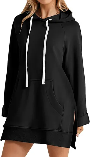 Women Oversized Casual Pullover Long Sleeve Split Hem Hoodie Dress Pullover With Kangaroo Pocket Sweatshirt Tops