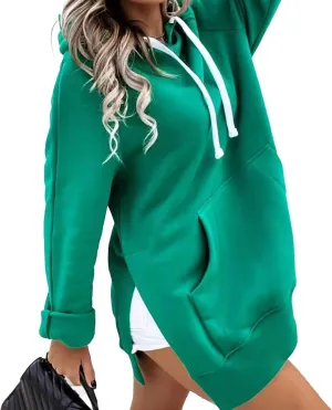Women Oversized Casual Pullover Long Sleeve Split Hem Hoodie Dress Pullover With Kangaroo Pocket Sweatshirt Tops