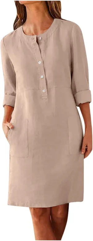 Women Plus Size Linen Cotton Casual Loose Comfy Knee Length Dress Half Button Dresses A Line Flowy Dresses with Pocket