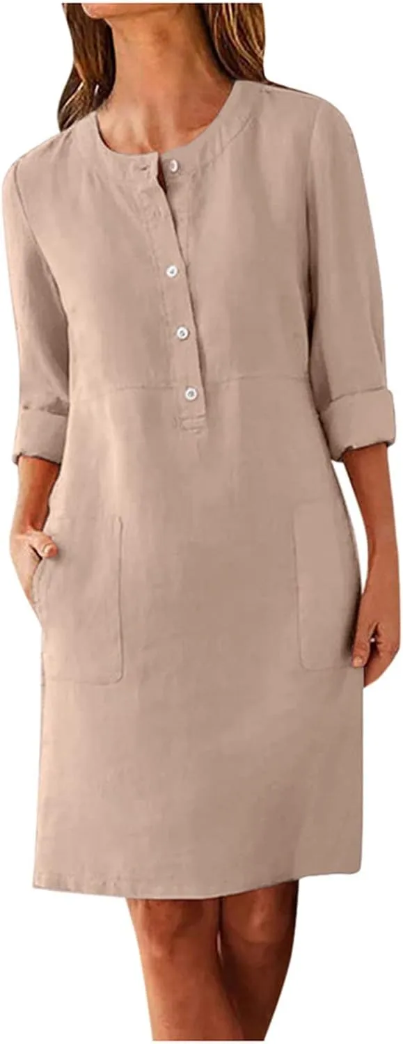 Women Plus Size Linen Cotton Casual Loose Comfy Knee Length Dress Half Button Dresses A Line Flowy Dresses with Pocket
