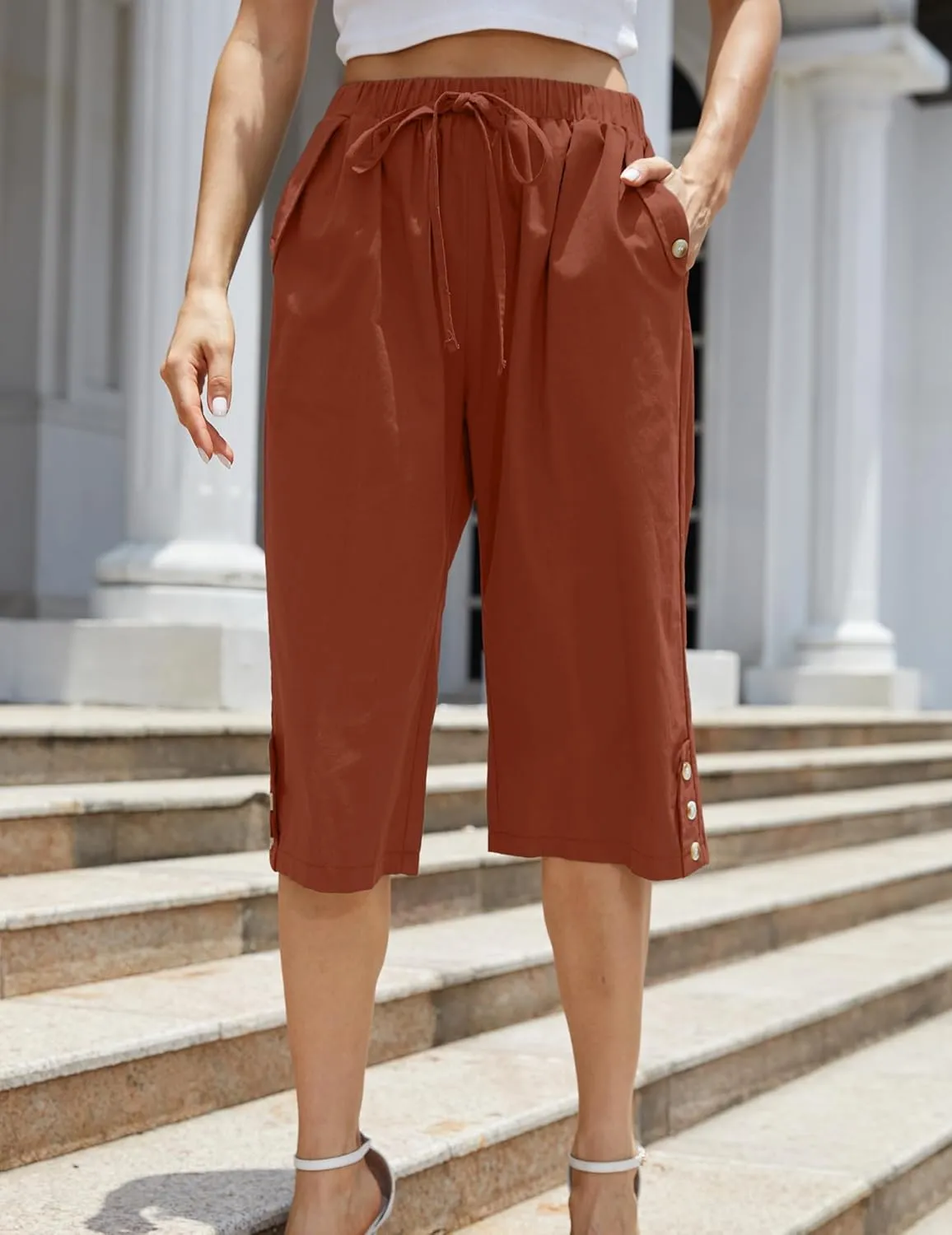 Women Pocket Pants Lightweight Wide Leg Drawstring Elastic Waist Yoga Lounge Cropped Pants