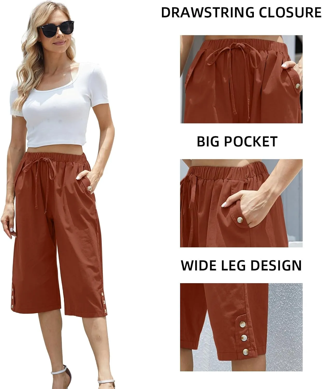 Women Pocket Pants Lightweight Wide Leg Drawstring Elastic Waist Yoga Lounge Cropped Pants