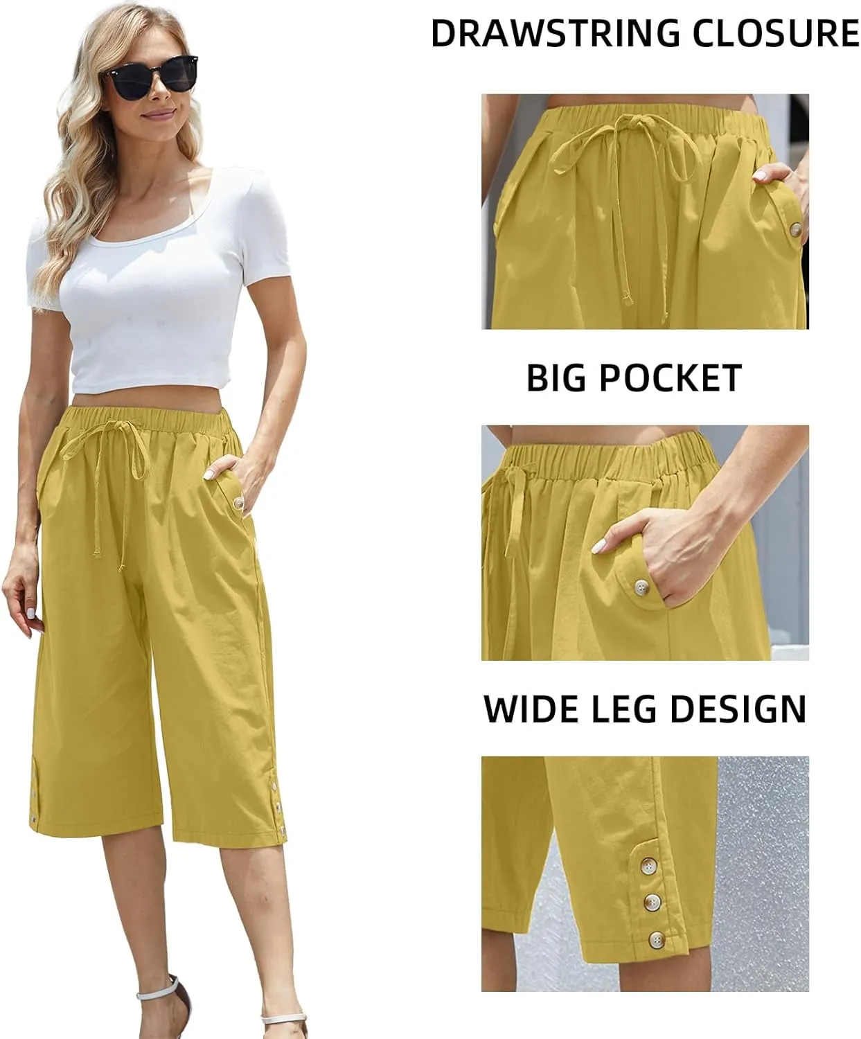 Women Pocket Pants Lightweight Wide Leg Drawstring Elastic Waist Yoga Lounge Cropped Pants