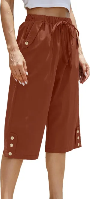 Women Pocket Pants Lightweight Wide Leg Drawstring Elastic Waist Yoga Lounge Cropped Pants