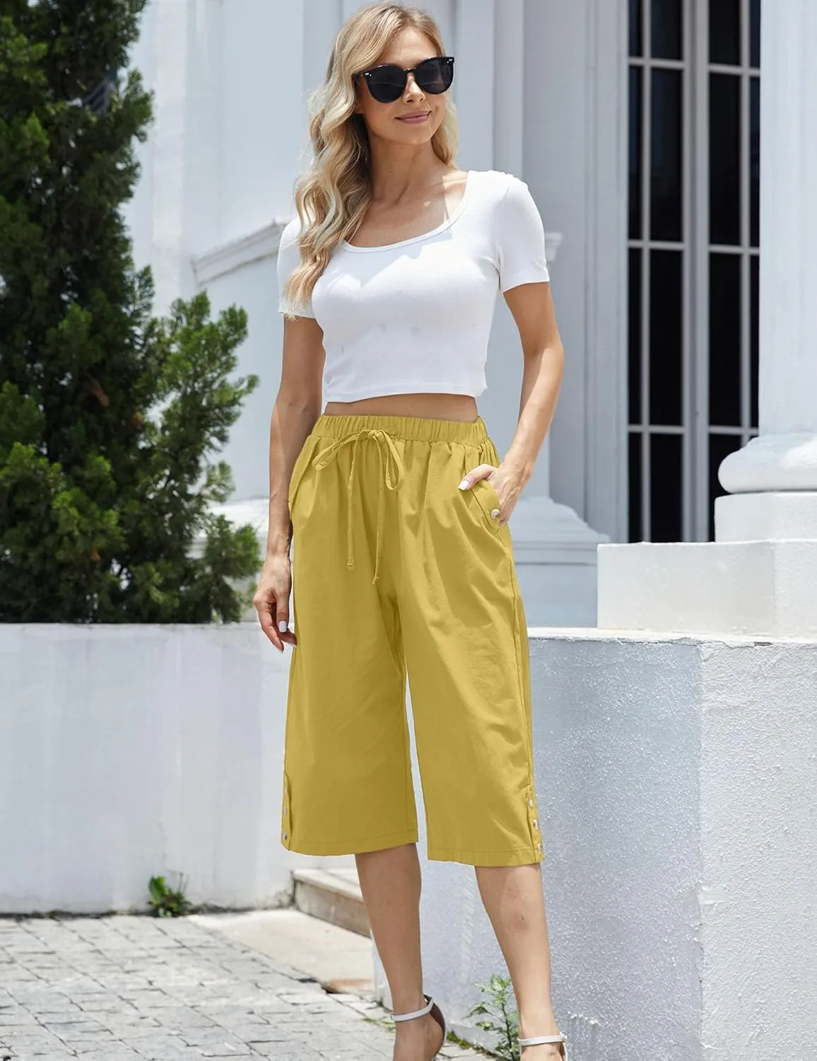 Women Pocket Pants Lightweight Wide Leg Drawstring Elastic Waist Yoga Lounge Cropped Pants
