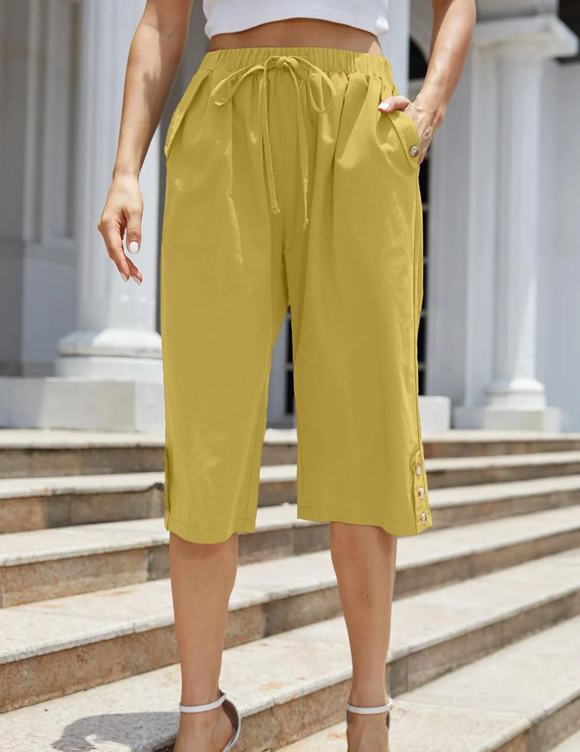 Women Pocket Pants Lightweight Wide Leg Drawstring Elastic Waist Yoga Lounge Cropped Pants