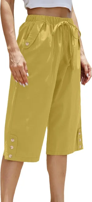 Women Pocket Pants Lightweight Wide Leg Drawstring Elastic Waist Yoga Lounge Cropped Pants