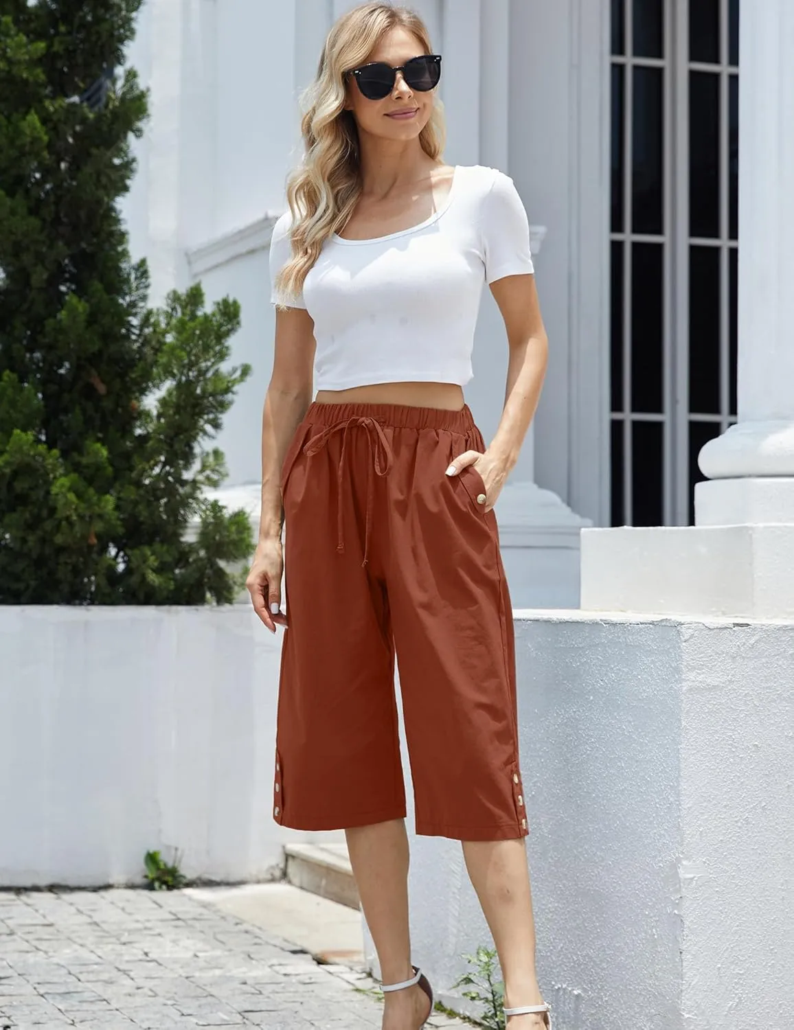 Women Pocket Pants Lightweight Wide Leg Drawstring Elastic Waist Yoga Lounge Cropped Pants