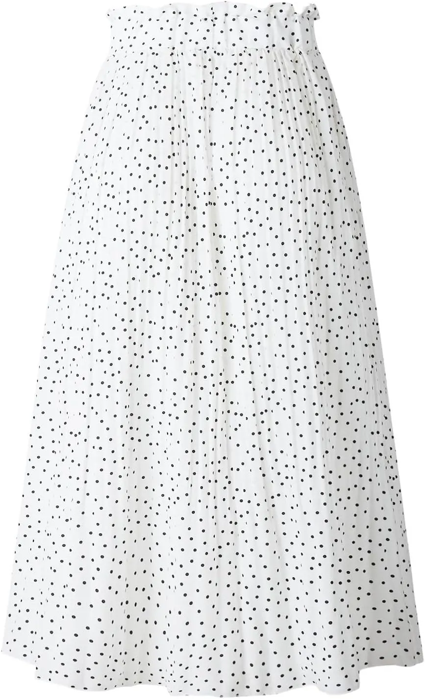 Women Polka Dot Pleated Maxi Skirt Elastic High Waist Flowy A Line Long Skirt Vintage Gingham Swing Midi Skirt