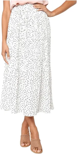 Women Polka Dot Pleated Maxi Skirt Elastic High Waist Flowy A Line Long Skirt Vintage Gingham Swing Midi Skirt