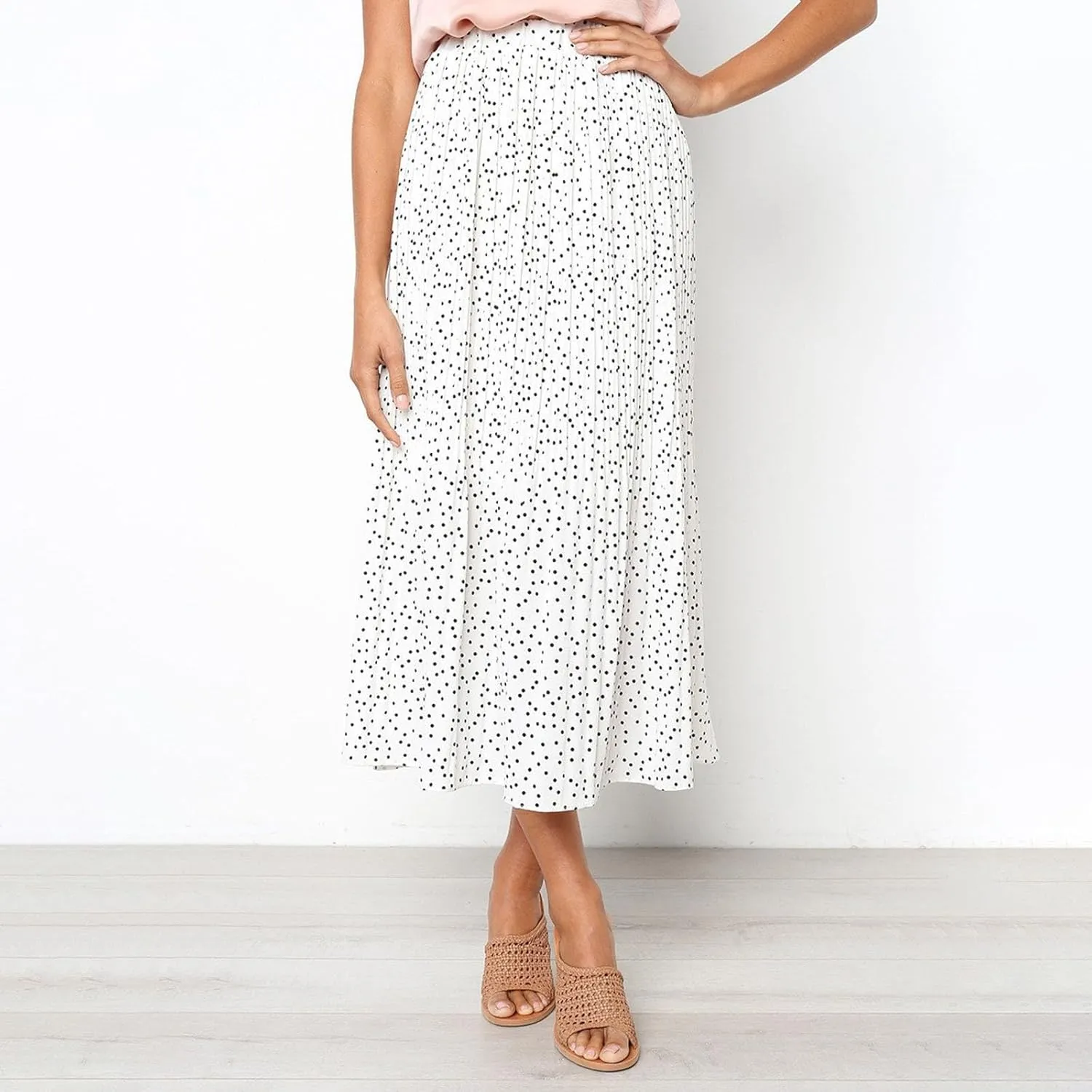 Women Polka Dot Pleated Maxi Skirt Elastic High Waist Flowy A Line Long Skirt Vintage Gingham Swing Midi Skirt