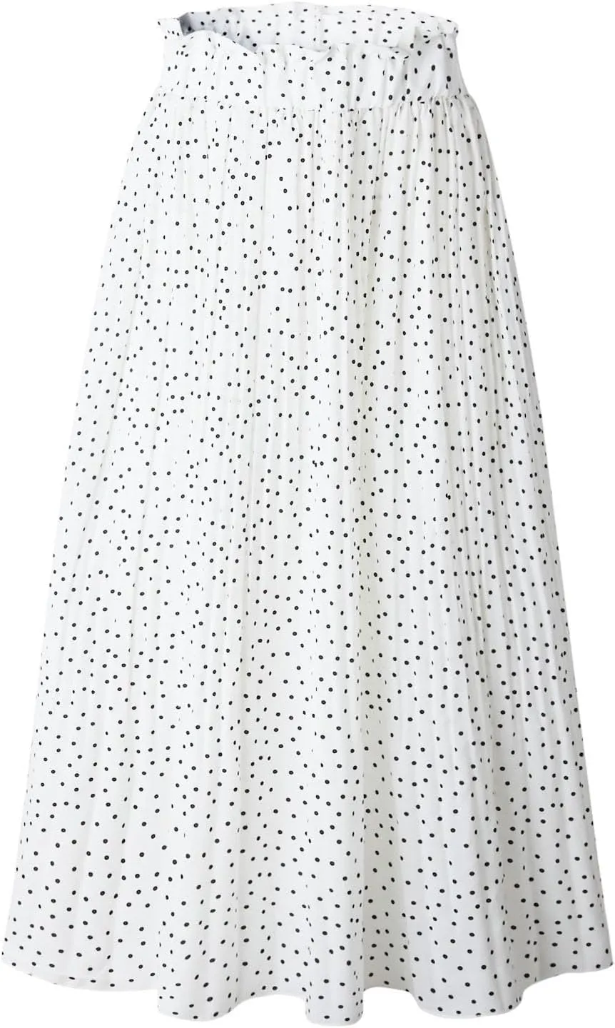 Women Polka Dot Pleated Maxi Skirt Elastic High Waist Flowy A Line Long Skirt Vintage Gingham Swing Midi Skirt