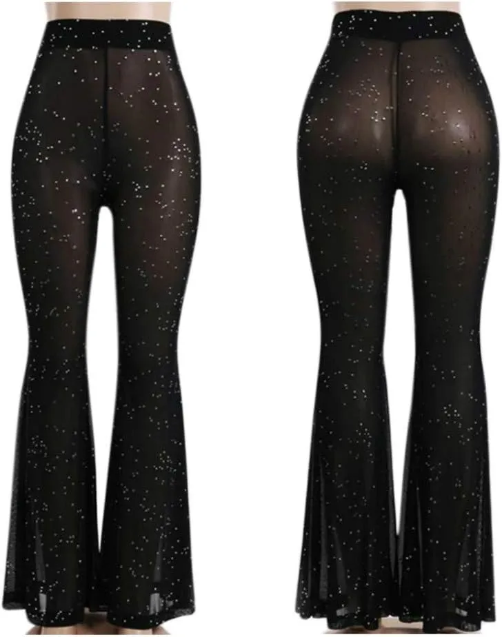 Women Rave Mesh Sheer Pants Flared Bell Bottom Pants for Dance Festival Clubwear