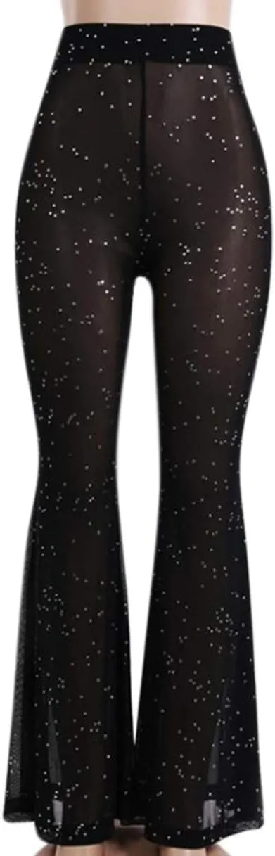 Women Rave Mesh Sheer Pants Flared Bell Bottom Pants for Dance Festival Clubwear