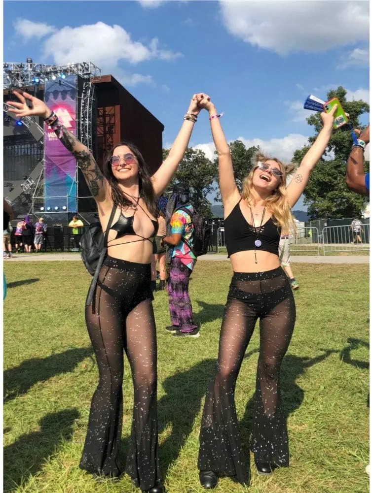Women Rave Mesh Sheer Pants Flared Bell Bottom Pants for Dance Festival Clubwear