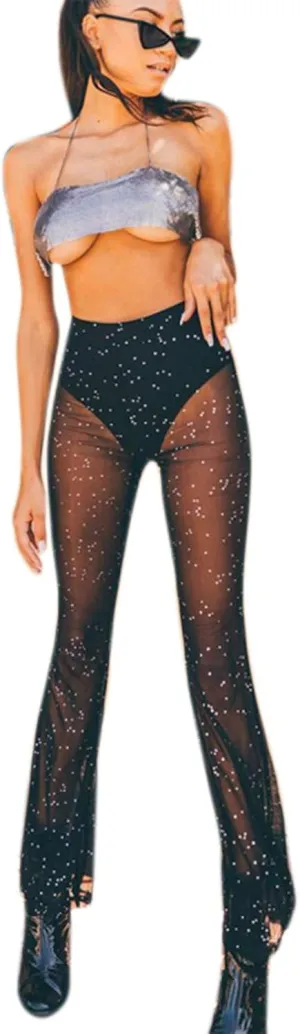 Women Rave Mesh Sheer Pants Flared Bell Bottom Pants for Dance Festival Clubwear