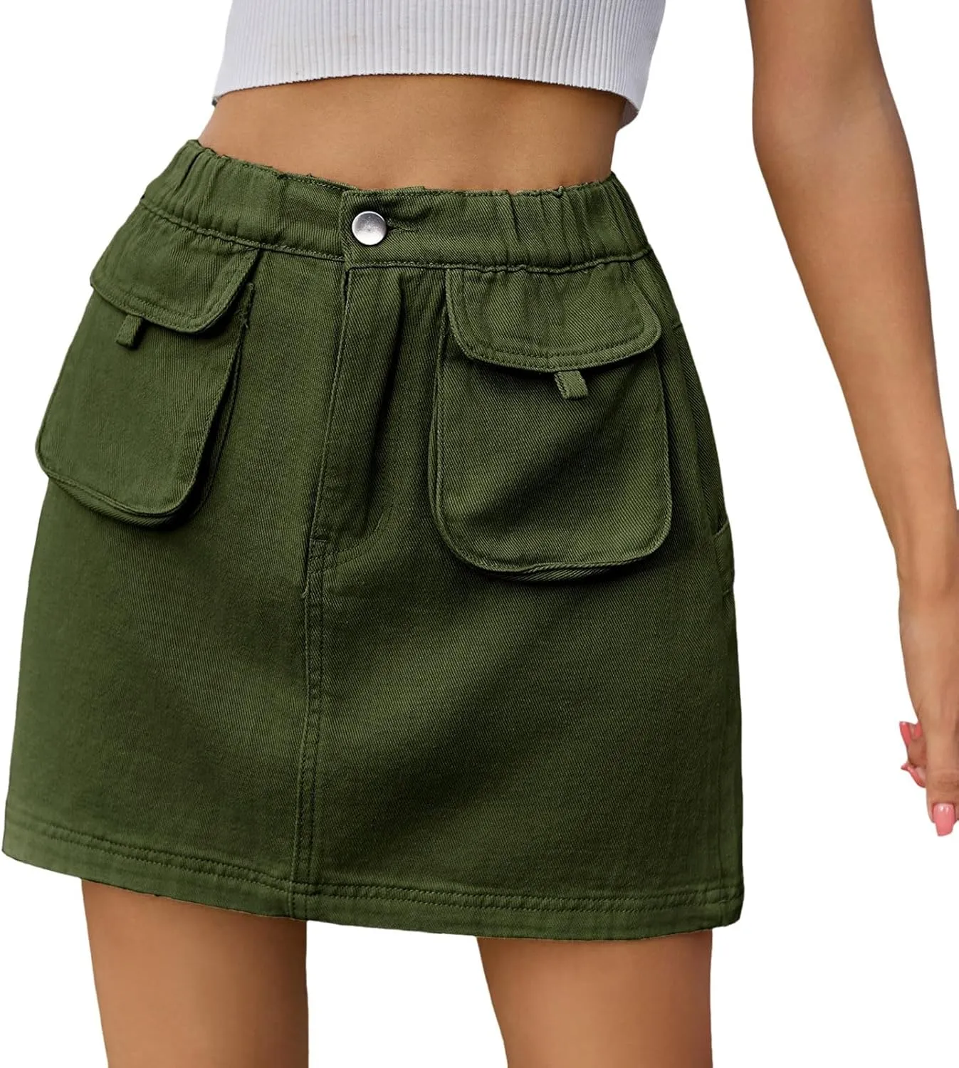 Women Skirt Soft Hip Hugging Denim Skirt Elastic Waist Cargo Pocket Denim Skirt Midi Skirt with Pockets and