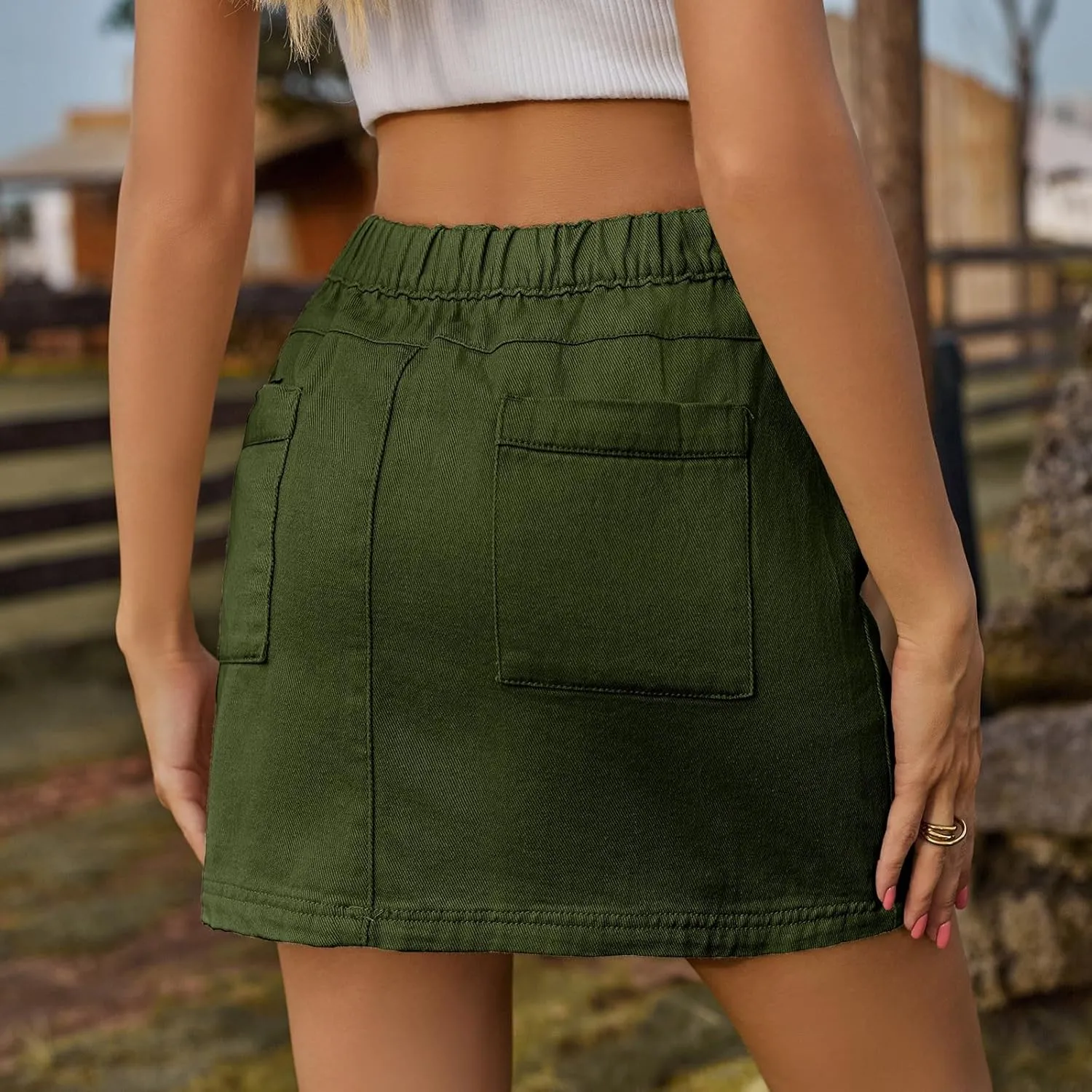 Women Skirt Soft Hip Hugging Denim Skirt Elastic Waist Cargo Pocket Denim Skirt Midi Skirt with Pockets and