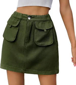 Women Skirt Soft Hip Hugging Denim Skirt Elastic Waist Cargo Pocket Denim Skirt Midi Skirt with Pockets and