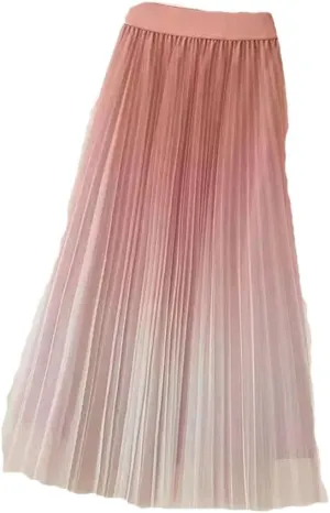 Women Spring Summer Gradient Pleated Mesh Skirts Elastic High Waist Casual A-Line Party Midi Long Skirt
