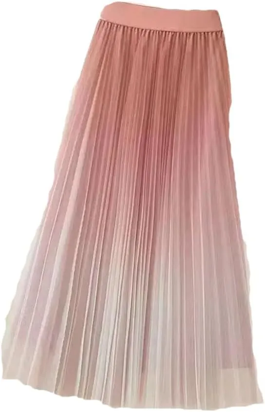 Women Spring Summer Gradient Pleated Mesh Skirts Elastic High Waist Casual A-Line Party Midi Long Skirt