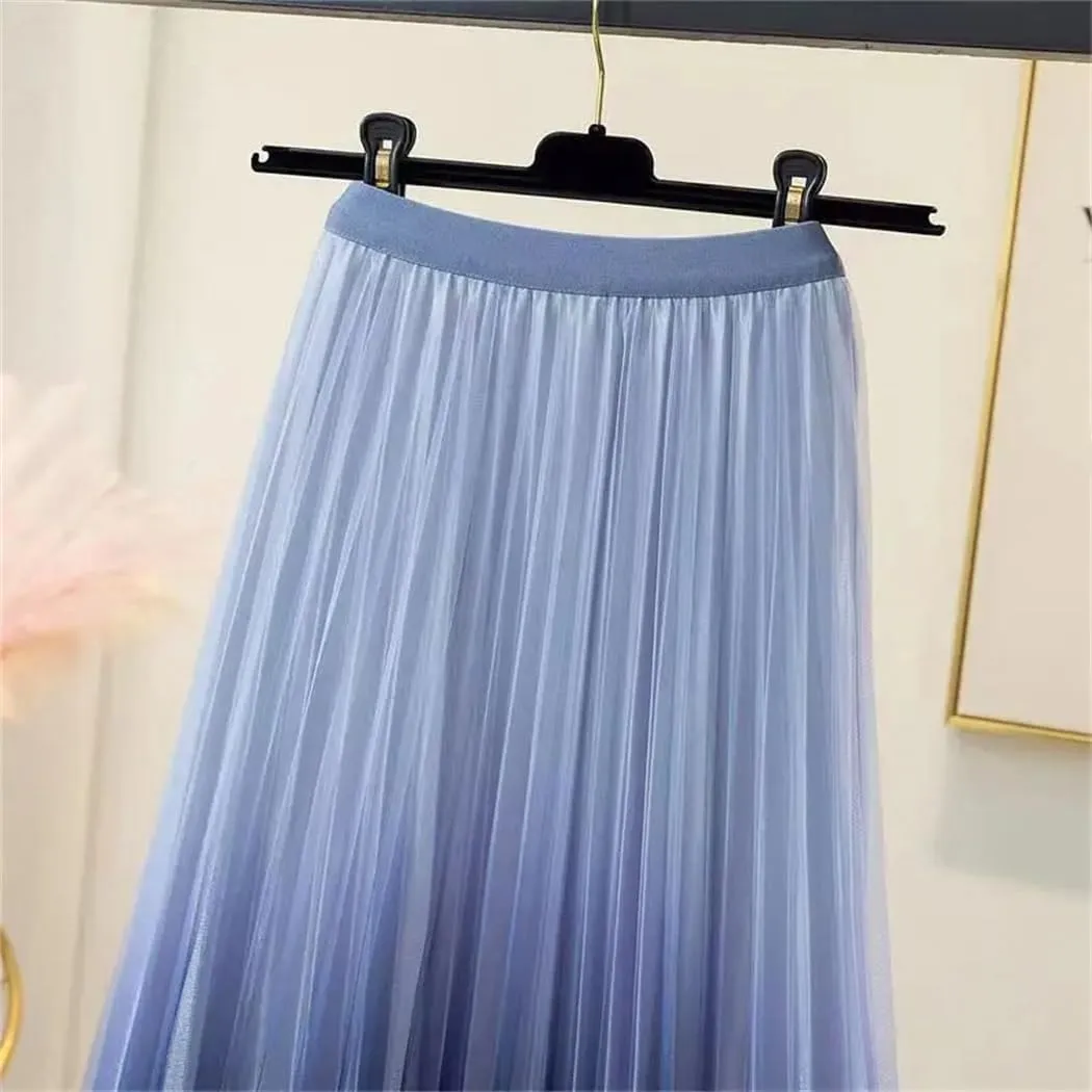Women Spring Summer Gradient Pleated Mesh Skirts Elastic High Waist Casual A-Line Party Midi Long Skirt