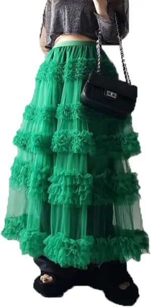 Women Tulle Long Skirt Tiered Layered Sheer Mesh Tutu Skirt Elastic Waist A-Line Flowy Maxi Skirt for Wedding Party