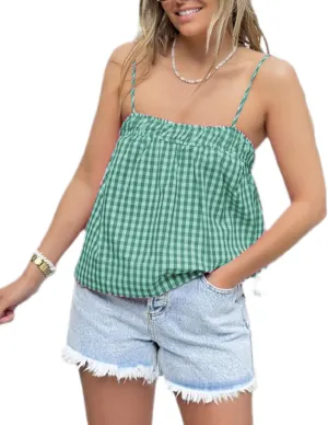 Women Y2K Gingham Tank Top Plaid Spaghetti Strap Peplum Camisole Square Neck Smocked Babydoll Cami Tops