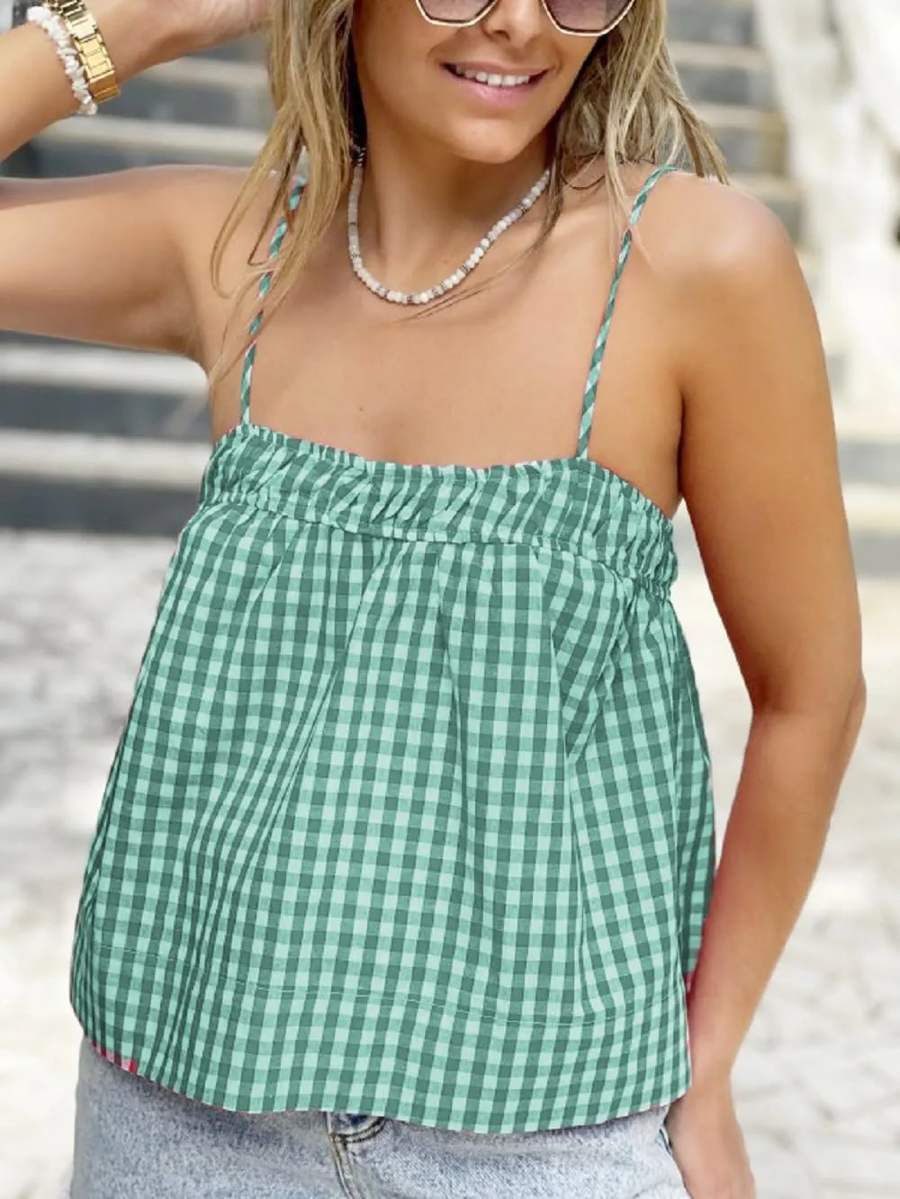 Women Y2K Gingham Tank Top Plaid Spaghetti Strap Peplum Camisole Square Neck Smocked Babydoll Cami Tops