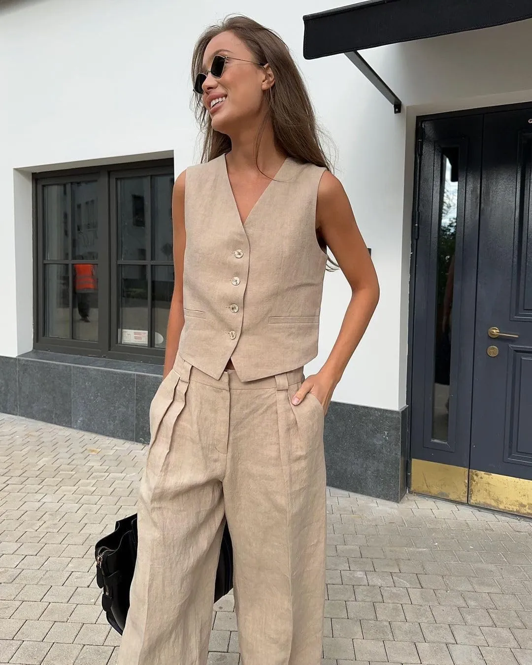 Women's 2 Piece Outfits V Neck Crop Vest Blazer and Wide Leg Suit Pants Business Casual Sets