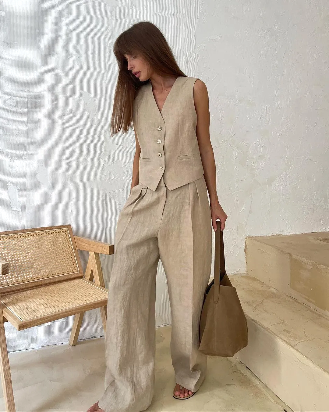 Women's 2 Piece Outfits V Neck Crop Vest Blazer and Wide Leg Suit Pants Business Casual Sets