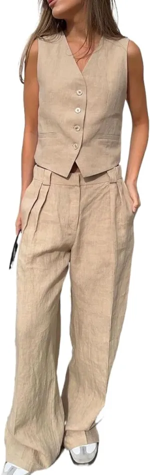 Women's 2 Piece Outfits V Neck Crop Vest Blazer and Wide Leg Suit Pants Business Casual Sets