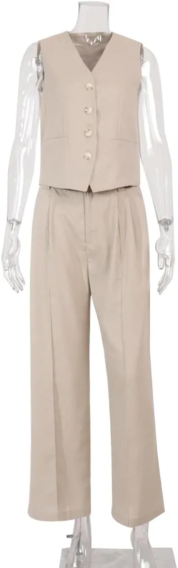 Women's 2 Piece Outfits V Neck Crop Vest Blazer and Wide Leg Suit Pants Business Casual Sets