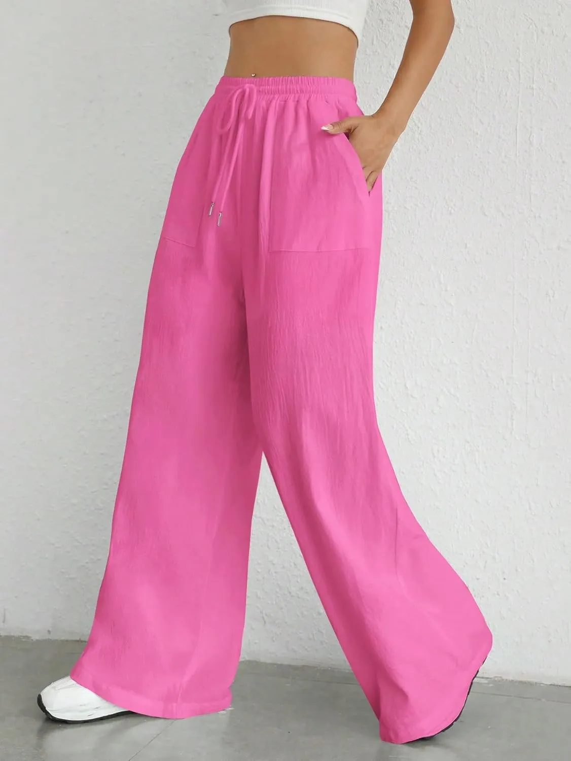 Women's 2024 Casual Summer Wide Leg Pants Solid Color Drawstring Waist Trousers