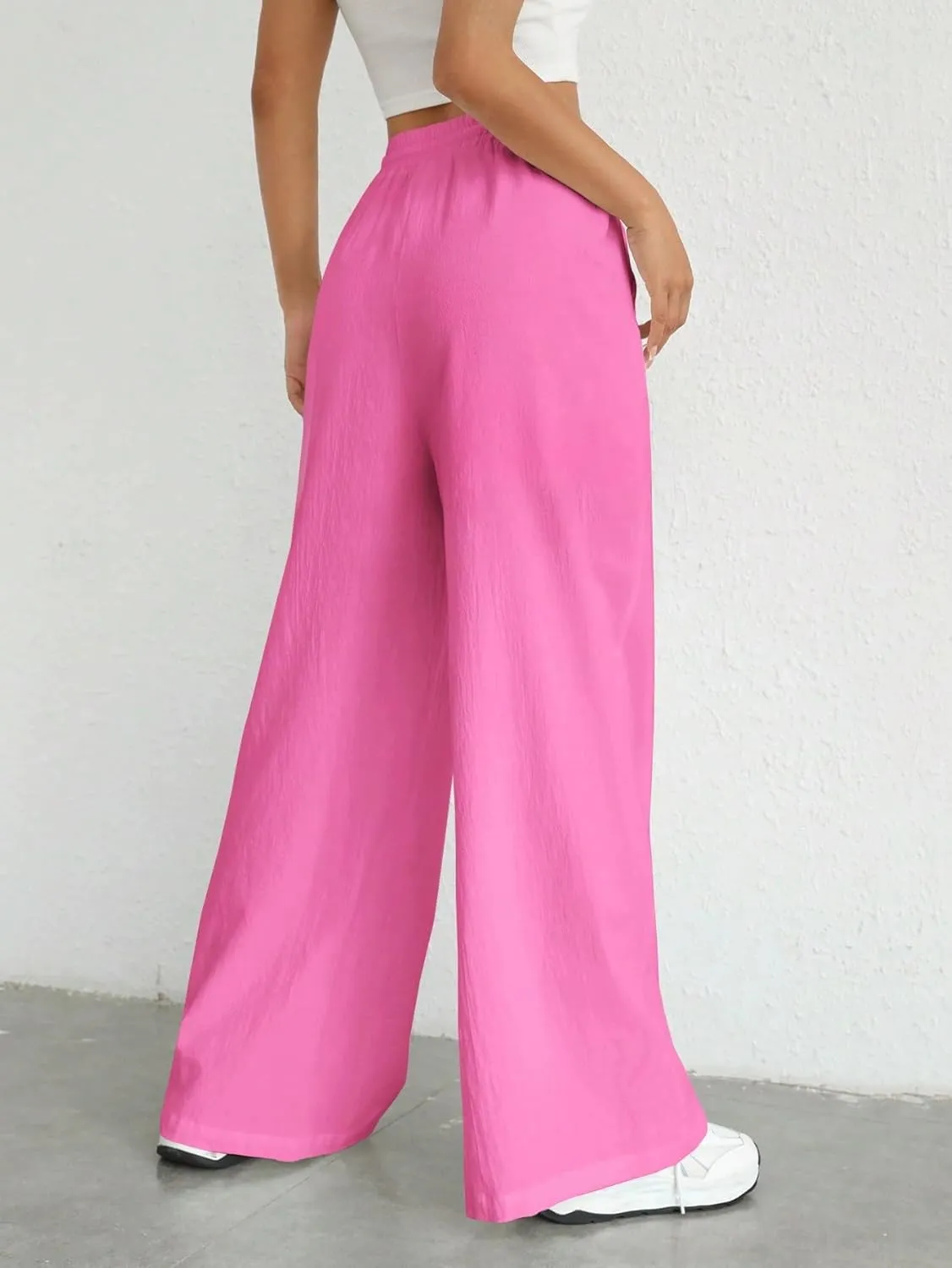 Women's 2024 Casual Summer Wide Leg Pants Solid Color Drawstring Waist Trousers
