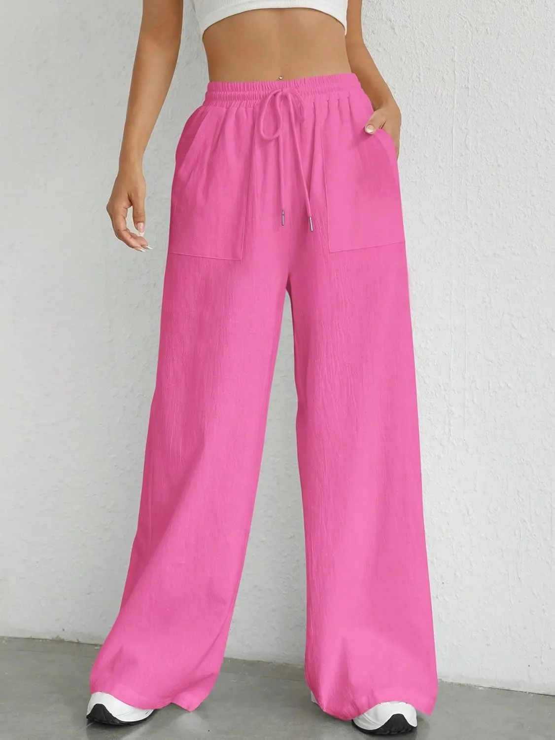 Women's 2024 Casual Summer Wide Leg Pants Solid Color Drawstring Waist Trousers