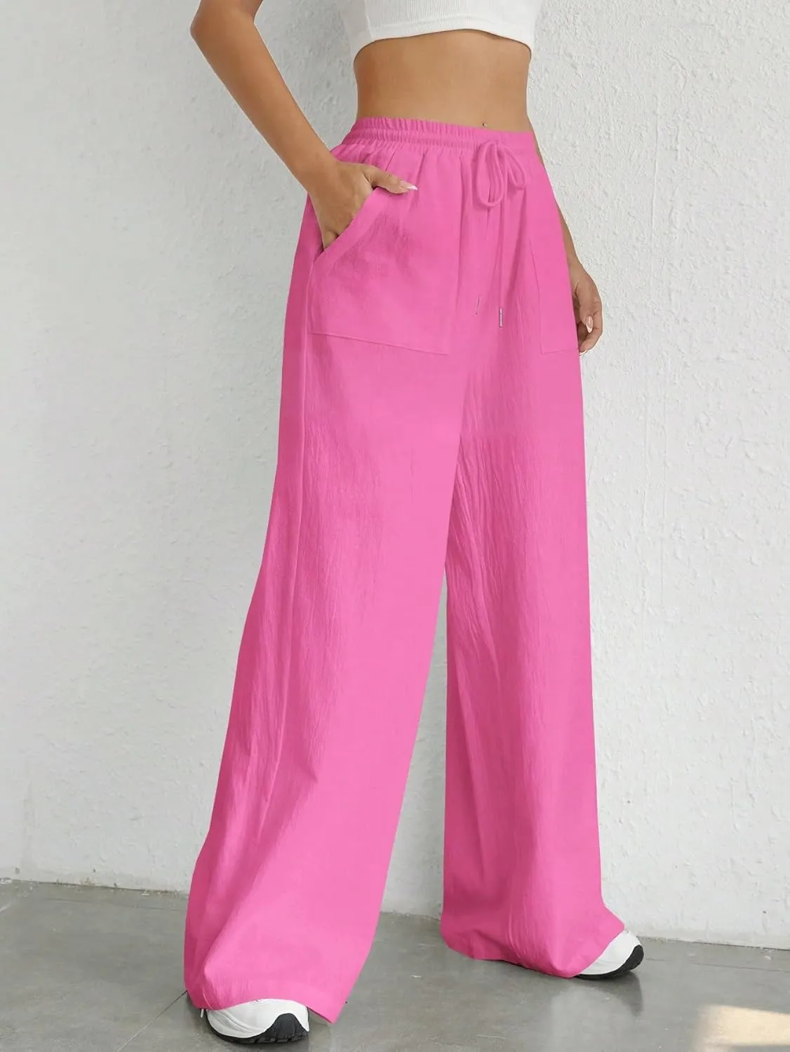 Women's 2024 Casual Summer Wide Leg Pants Solid Color Drawstring Waist Trousers