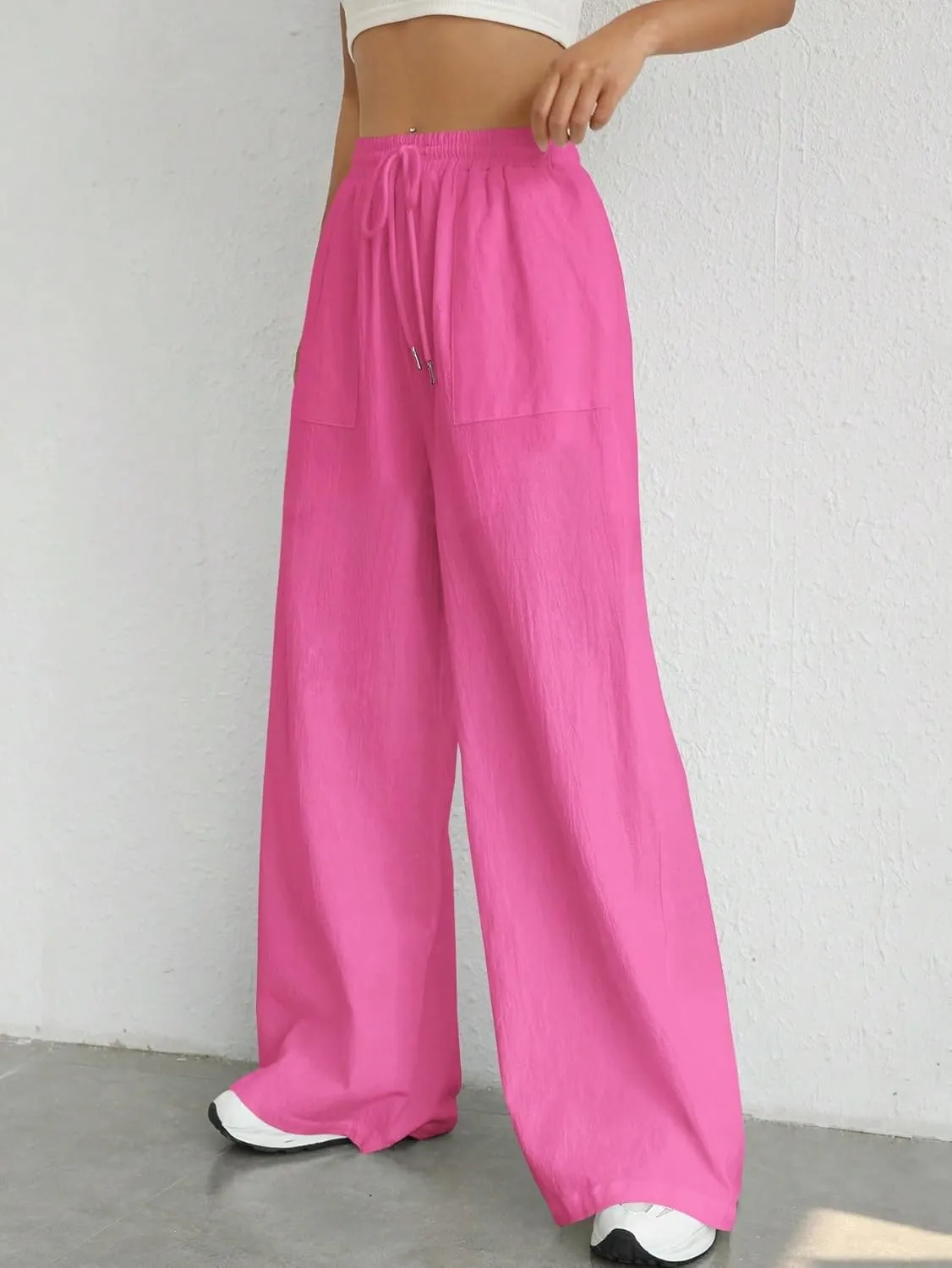Women's 2024 Casual Summer Wide Leg Pants Solid Color Drawstring Waist Trousers