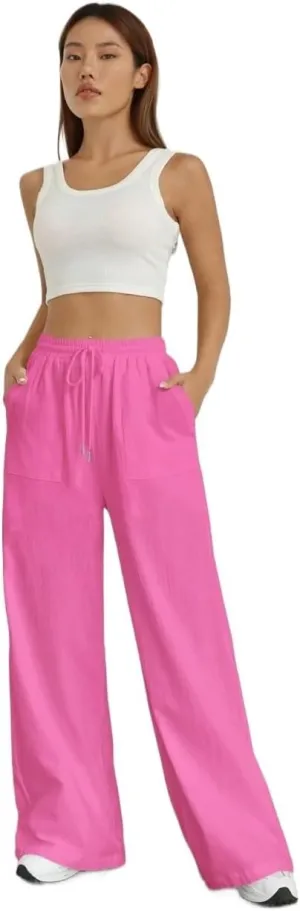 Women's 2024 Casual Summer Wide Leg Pants Solid Color Drawstring Waist Trousers