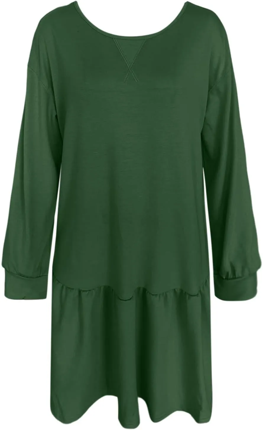 Womens 2025 Fall Long Sleeve Pullover Tops Crewneck Rib Knit Patchwork Sweatshirt Dress Ruffle Dress for Women