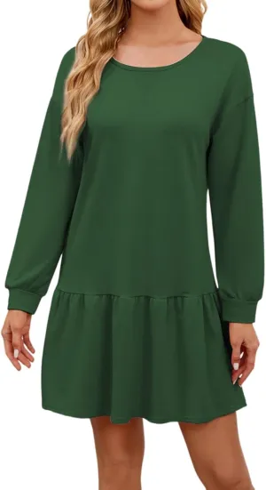 Womens 2025 Fall Long Sleeve Pullover Tops Crewneck Rib Knit Patchwork Sweatshirt Dress Ruffle Dress for Women