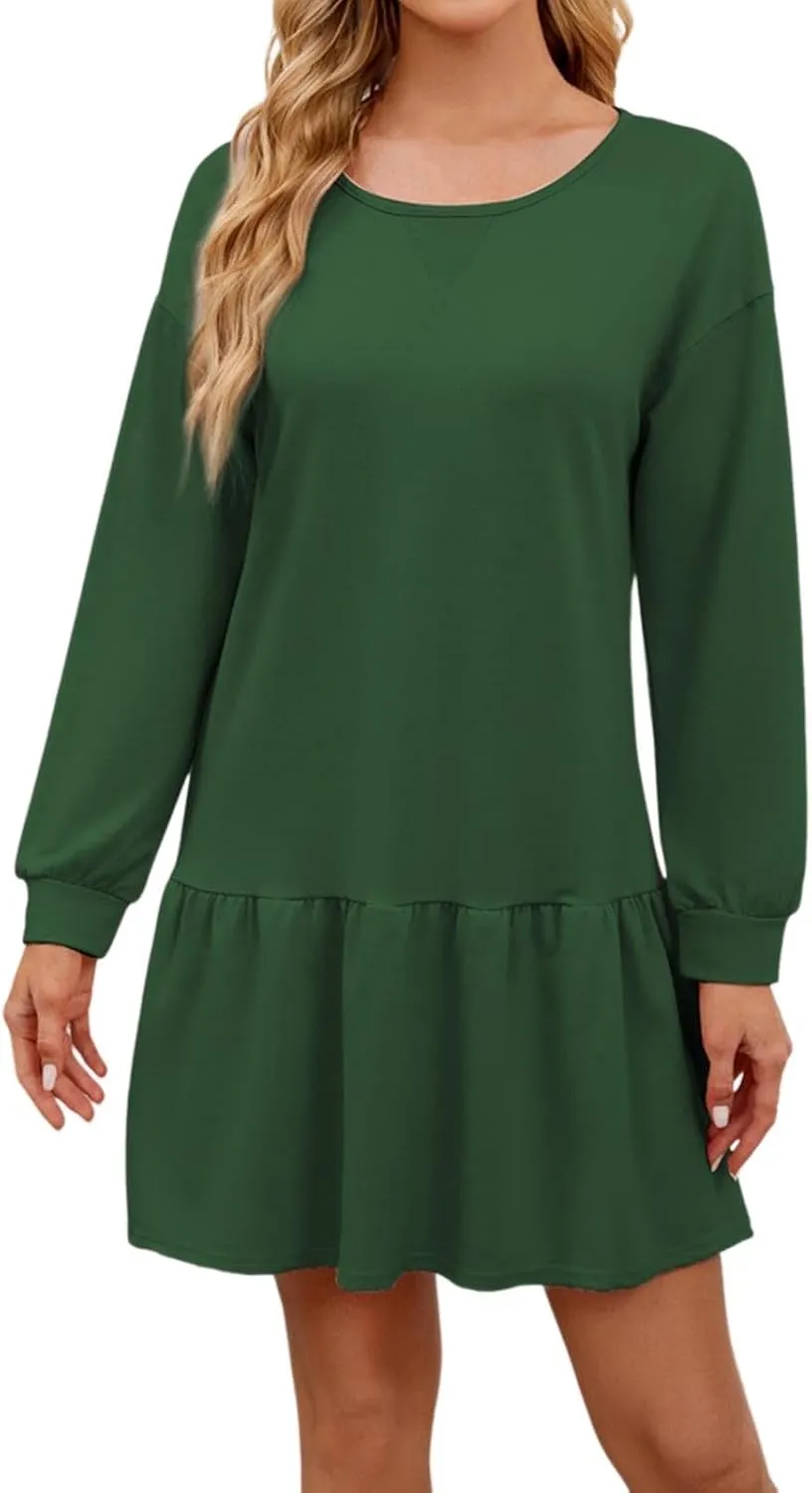 Womens 2025 Fall Long Sleeve Pullover Tops Crewneck Rib Knit Patchwork Sweatshirt Dress Ruffle Dress for Women