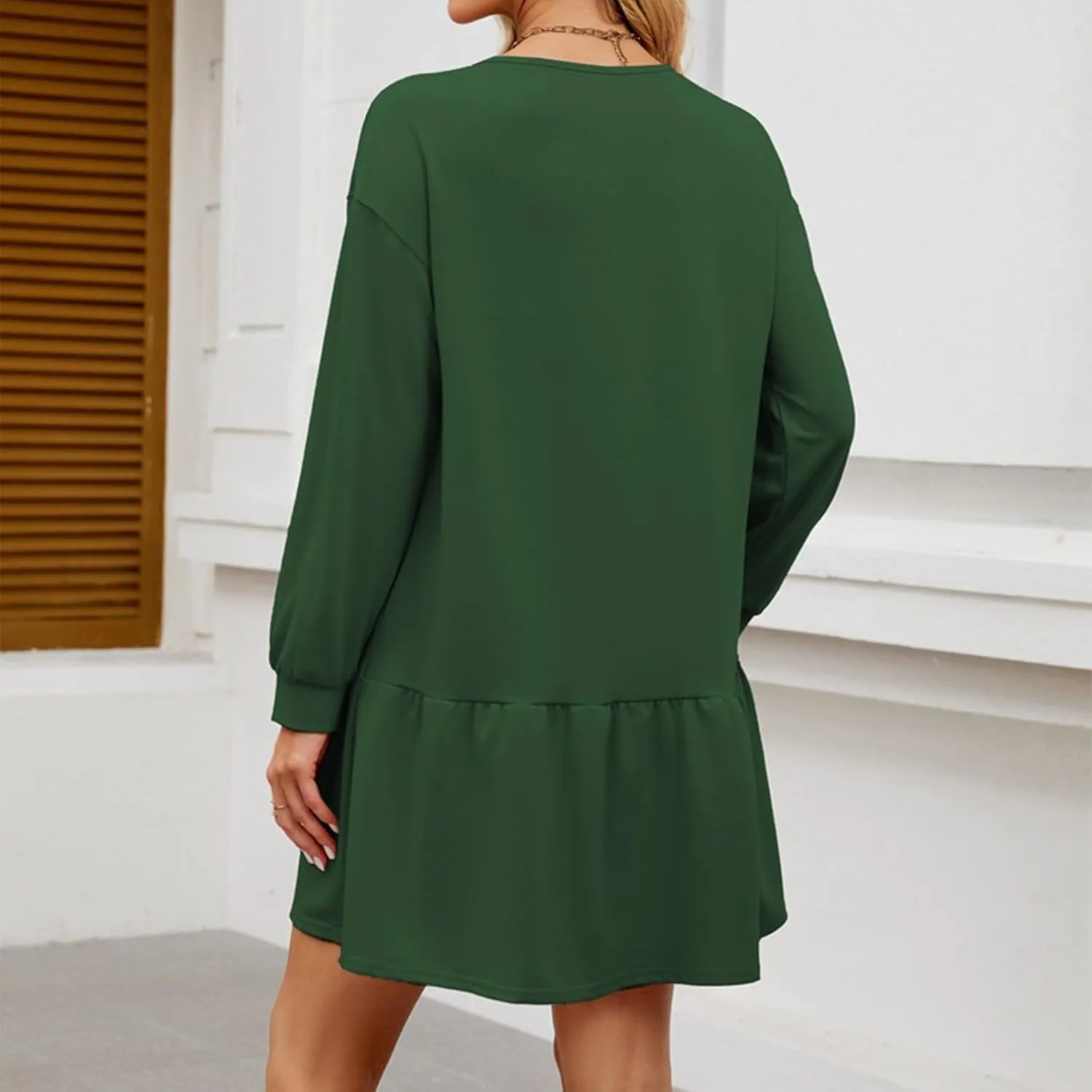 Womens 2025 Fall Long Sleeve Pullover Tops Crewneck Rib Knit Patchwork Sweatshirt Dress Ruffle Dress for Women
