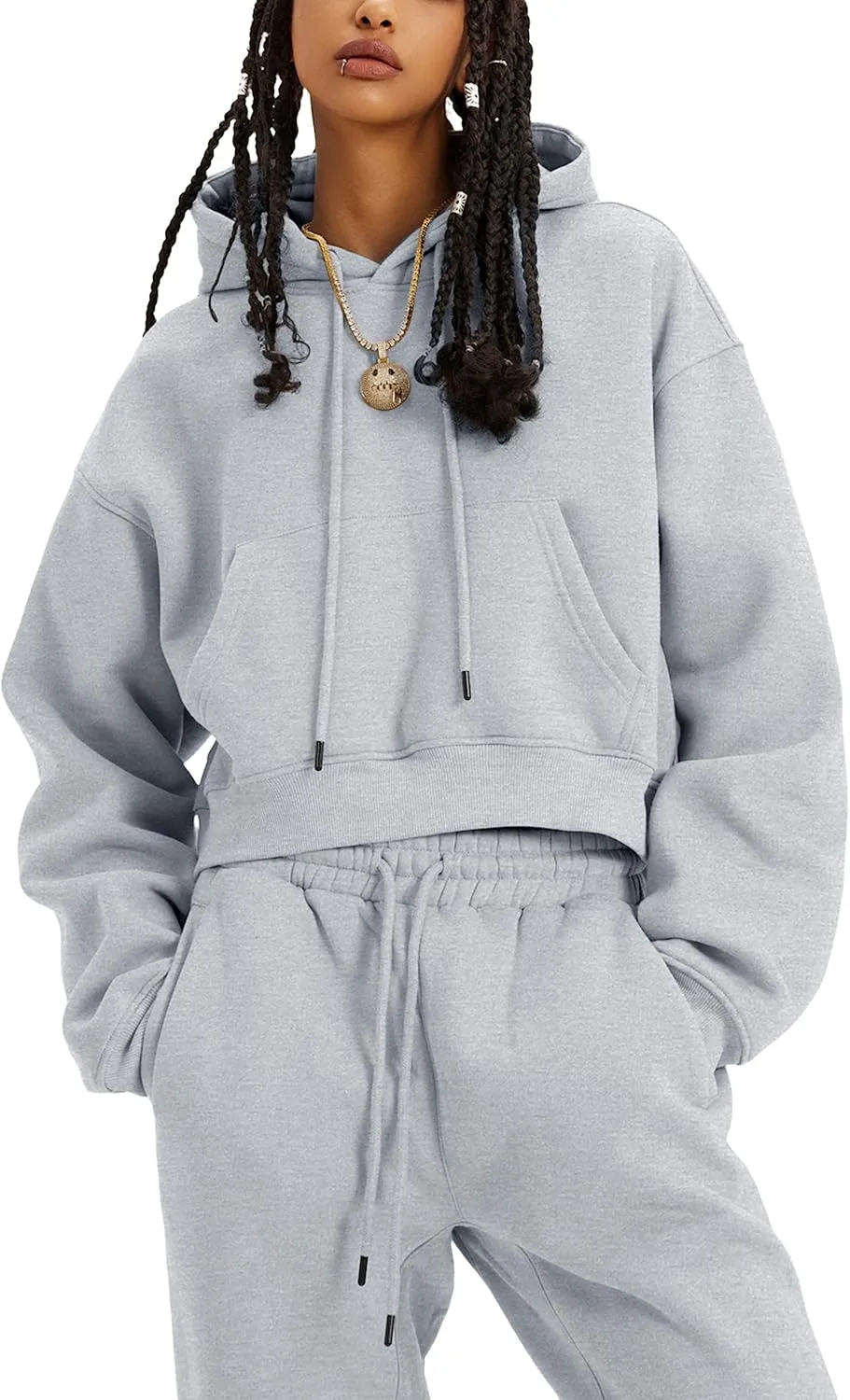 Women's 2pc Airport Outfits Casual Hoodie Fleece Tracksuit Sweatshirt Pullover Jogging Pants Pockets