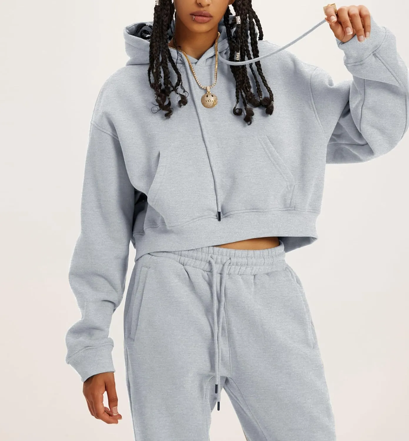 Women's 2pc Airport Outfits Casual Hoodie Fleece Tracksuit Sweatshirt Pullover Jogging Pants Pockets