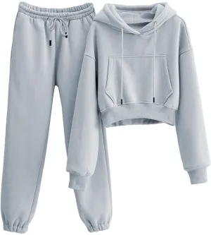 Women's 2pc Airport Outfits Casual Hoodie Fleece Tracksuit Sweatshirt Pullover Jogging Pants Pockets