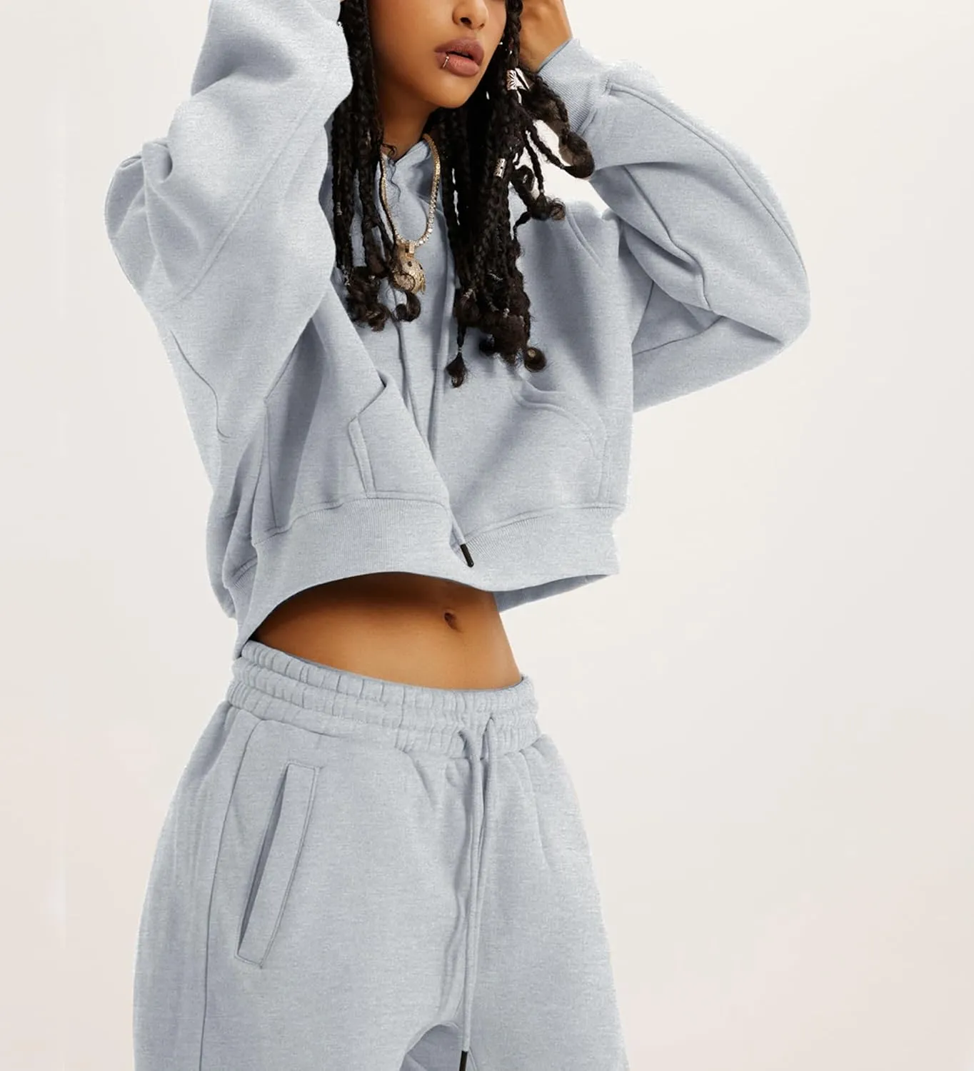 Women's 2pc Airport Outfits Casual Hoodie Fleece Tracksuit Sweatshirt Pullover Jogging Pants Pockets